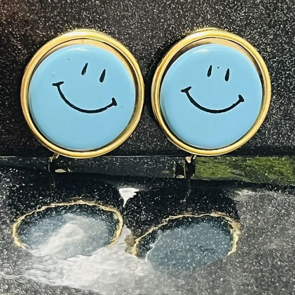 Vintage Turqoise Blue SMILEY FACE Button Gold Cute Happy Joy Grin Earrings 1424